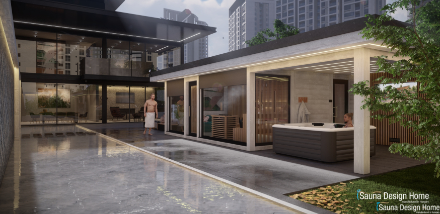 Kültéri szaunaház - modern letisztult formával, energia takarékos megoldásokkal